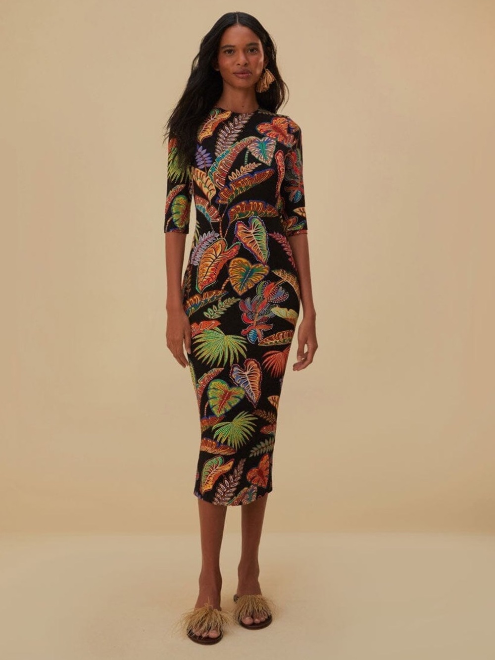 Farm Rio: Cool Foliage Black Jersey Midi Dress